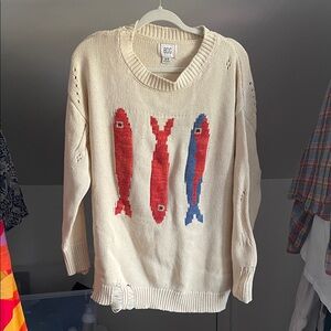 Cream Knit Sweater with Red & Blue Fish Motif